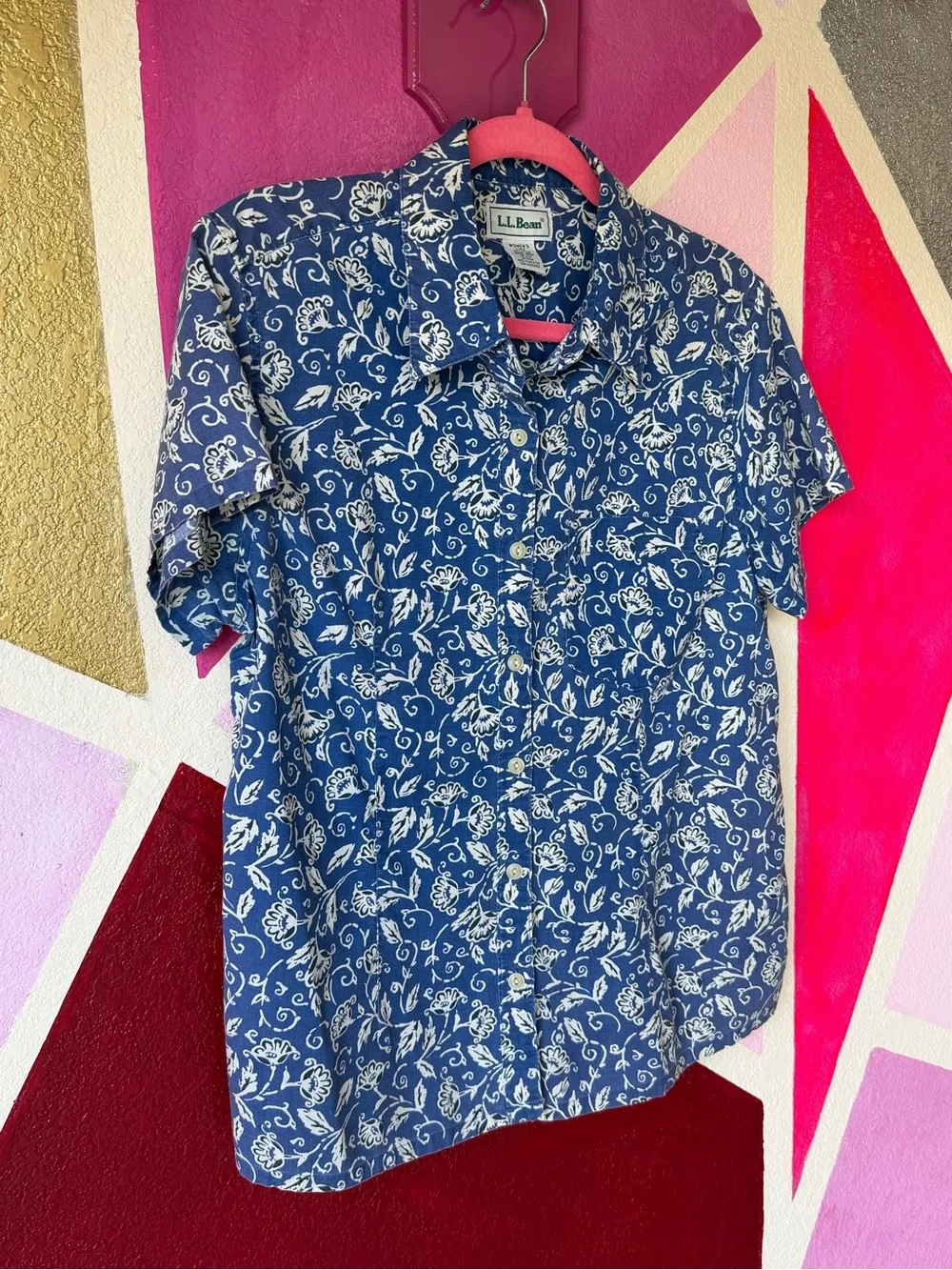 Vintage L.L. Bean Floral Button Down Shirt Sz M Navy Blue Cottage Print